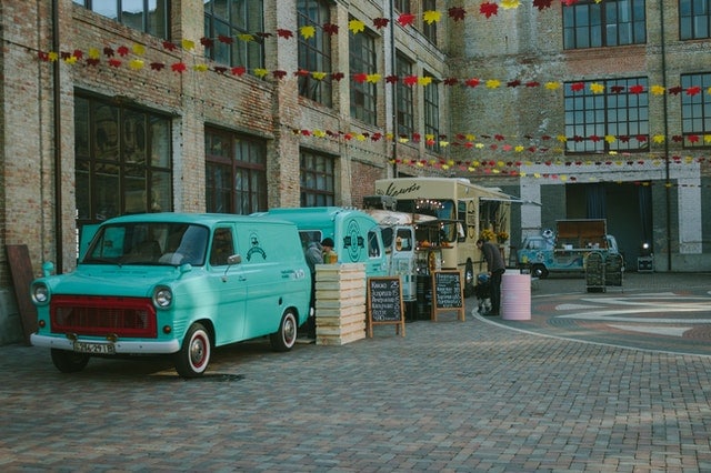 Food trucks parked on street commercial air fryer